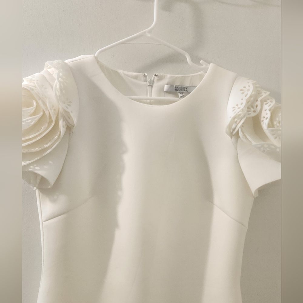 Badgley Mischka Elegant White Dress with Floral‎ Sleeves, Size 10. - Picture 2 of 10